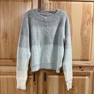 Free People Autumn Sky Fuzzy Gray Aqua ColorBlock Striped Crewneck Sweater Sz L